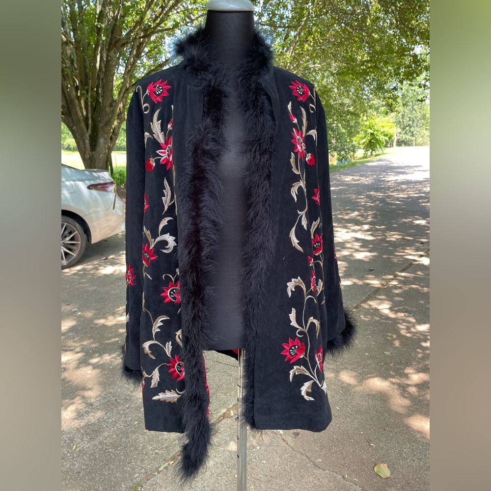 Victor Costa Womens Embroidered Duster Jacket Black Cottage Floral 90s Size L